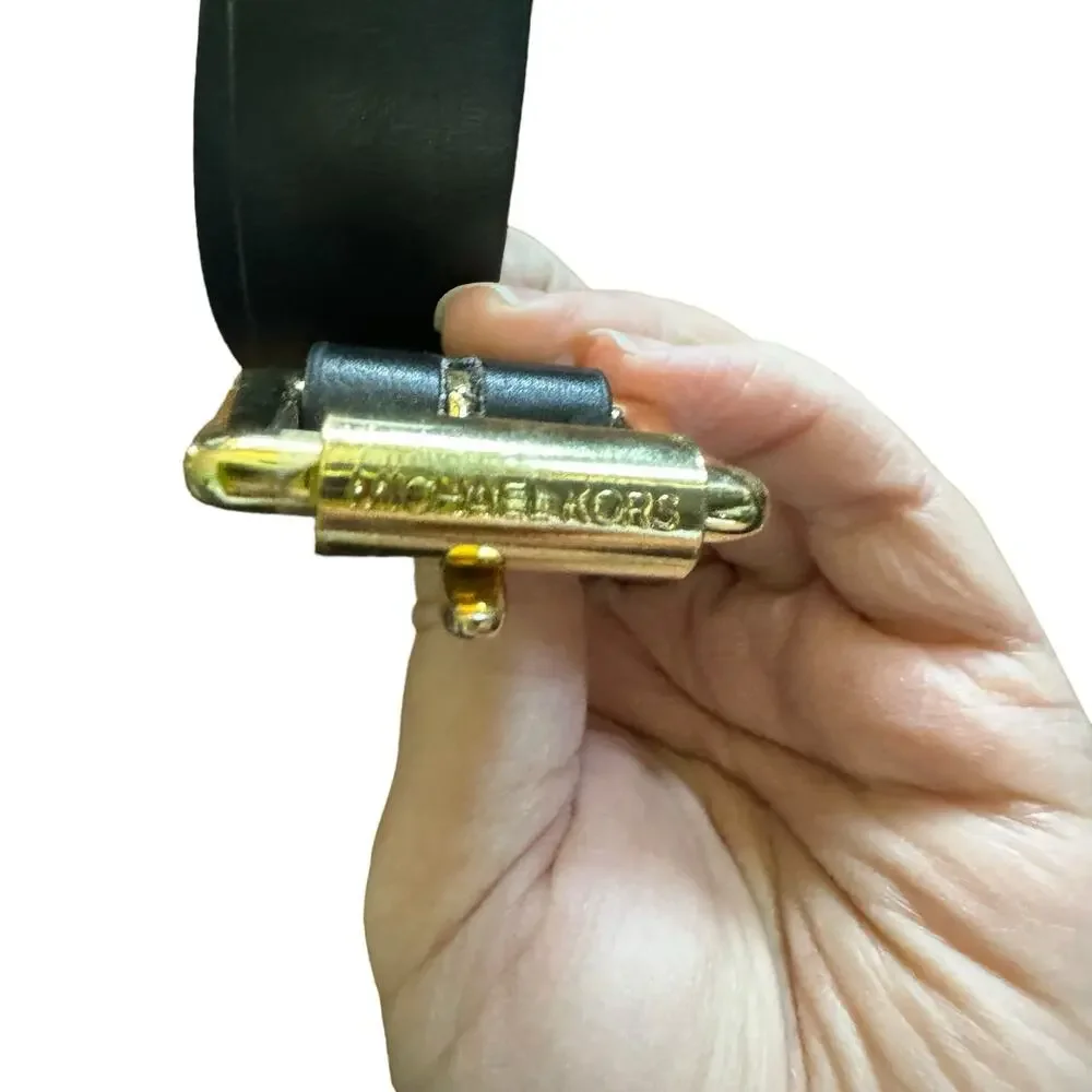 Michael Kors Black Faux Leather Belt Skinny Gold Style Buckle Size 12 Classic